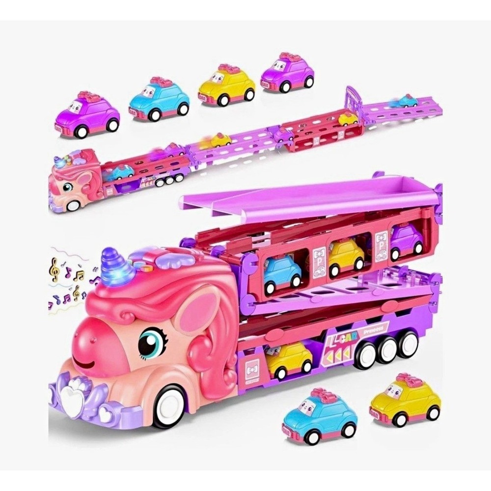 Unicorn Transport Truck Foldable Toy Vehicle Track Set w/ Mini Cars Purple Pink